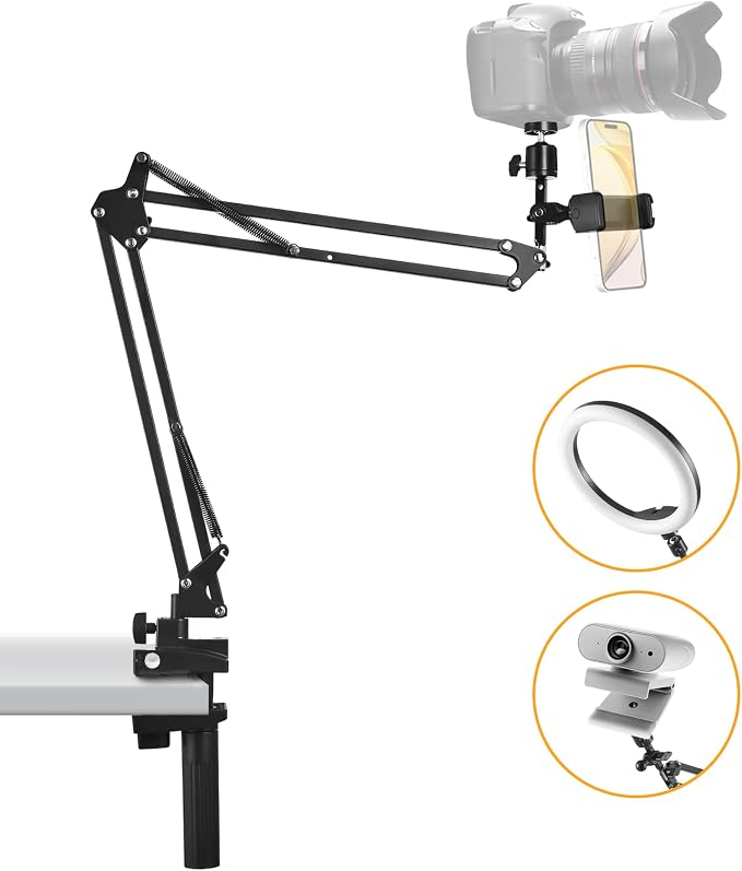 Phone Holder for Bed Desk, Flexible Camera Arm Desk Mount Clamp with Phone Holder and Ball Head, Overhead Tripod Mount for Camera Webcam Ring Light