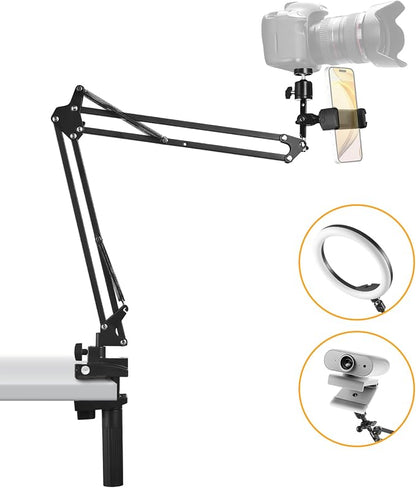 Phone Holder for Bed Desk, Flexible Camera Arm Desk Mount Clamp with Phone Holder and Ball Head, Overhead Tripod Mount for Camera Webcam Ring Light