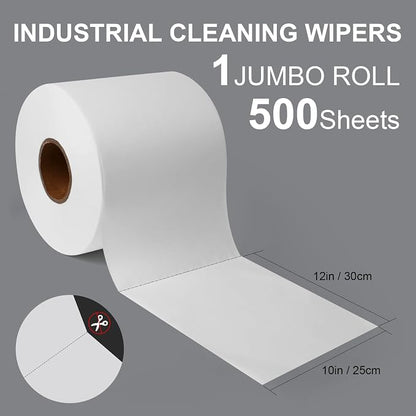 Jumbo Roll Industrial Cleaning Wipes, Super Absorbent Heavy Duty Cloths, White (1 Roll of 500 Sheets, 12"x 10" Each Sheet)