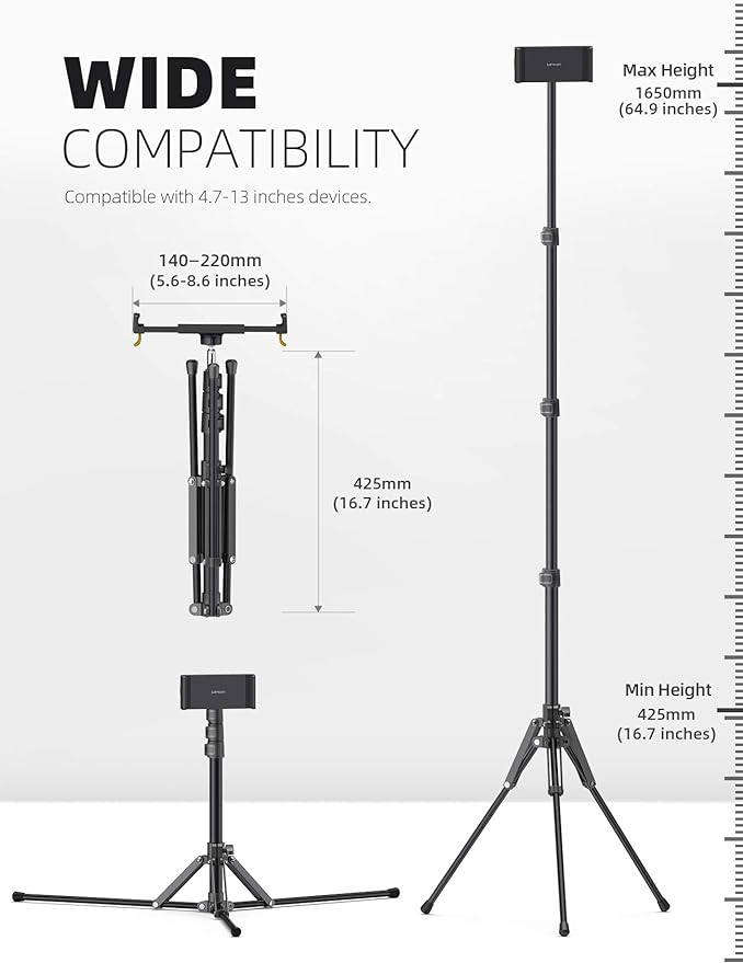 Lamicall Tablet Floor Tripod Stand - 64.9" Tablet Holder Mount with Adjustable Height for Stream/Watching with Bluetooth Remote, Gifts for iPad Pro 12.9/11" Mini, Air, iPhone, 4.7-13" Devices