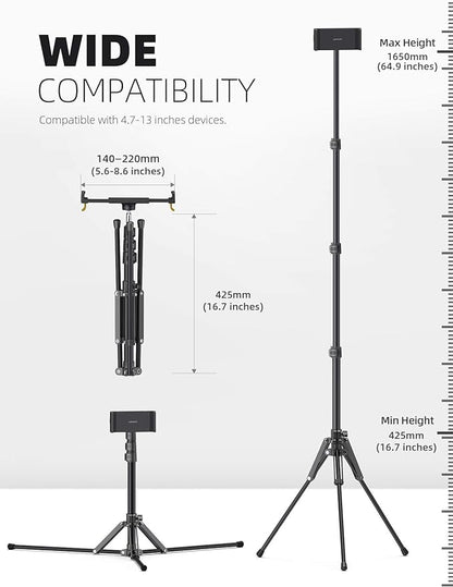 Lamicall Tablet Floor Tripod Stand - 64.9" Tablet Holder Mount with Adjustable Height for Stream/Watching with Bluetooth Remote, Gifts for iPad Pro 12.9/11" Mini, Air, iPhone, 4.7-13" Devices