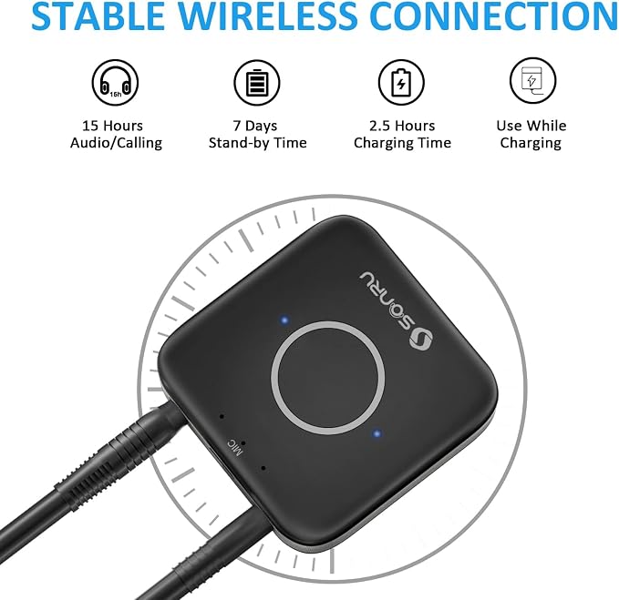 SONRU Bluetooth 5.3 Adapter Hi-Fi Equipment for Car Wireless Audio Receiver with 3.5mm AUX RCA Cable, Noise Cancellation, Dual AUX Outputs for Home Speakers Wired Headphones