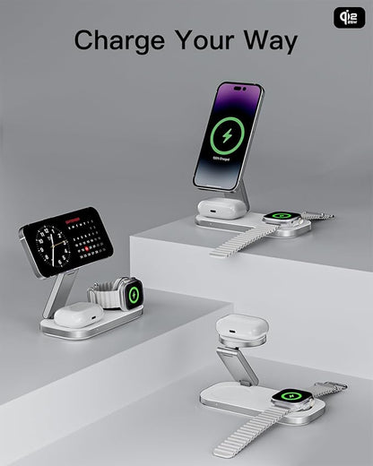 3-in-1 Charging Station for Apple Device, Qi2 25W Certified Magnetic Wireless Foldable Fast Charger Stand Compatible with MagSafe for iPhone 17e/17/16/15/14/13/12/Air Series, Apple Watch & AirPods