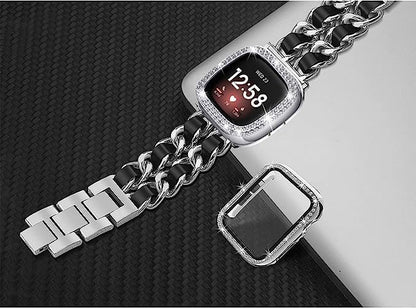 Stainless Steel Bands Compatible for Fitbit Versa 4/Fitbit Sense 2 Smartwatch With Bling Case Cover,Chic Leather Metal Wristband Accessories Strap for Women Bracelet (Silver, Versa 4/Sense 2)
