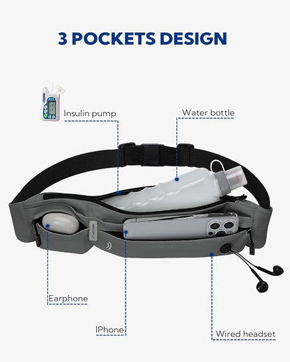 WATERFLY Running Belt Fanny Pack: Runner Marathon Jogging Waist Pack Sport Workout Exercise Fitness Phone Holder Belt for Men Women Jogger Slim Waistband Black