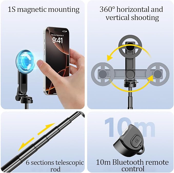 4-in-1 Multifunctional 360° Rotation Magnetic Selfie Stick, Mini Portable Extendable Phone Tripod with Remote and Metal Ring for iPhone & Android, for Travel Vlog Live Streaming (Black)