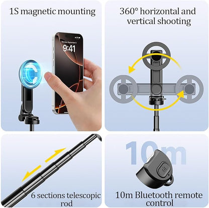 4-in-1 Multifunctional 360° Rotation Magnetic Selfie Stick, Mini Portable Extendable Phone Tripod with Remote and Metal Ring for iPhone & Android, for Travel Vlog Live Streaming (Black)