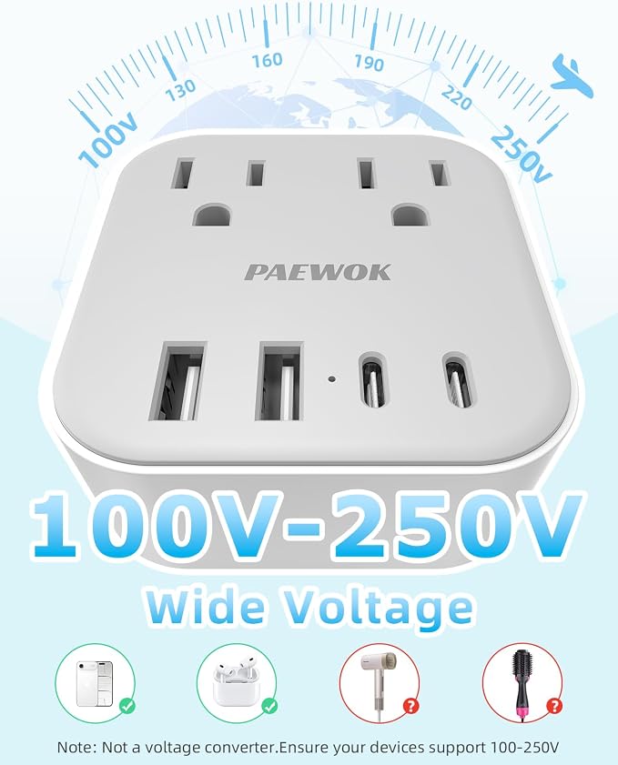 European Travel Plug Adapter Set, 8-in-1 Travel Adapter with 4 Outlets | Universal Travel Adapter, Type C/G/D/L/A/I Detachable Plugs, 4 USB Ports (2 USB C), US to UK/EU, International Power Adapter