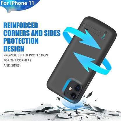 Battery Case for iPhone 11, 6000mAh Rechargeable Extended Battery Charging Charger Case, Add 120% Extra Juice, Support Wired Headphones Black
