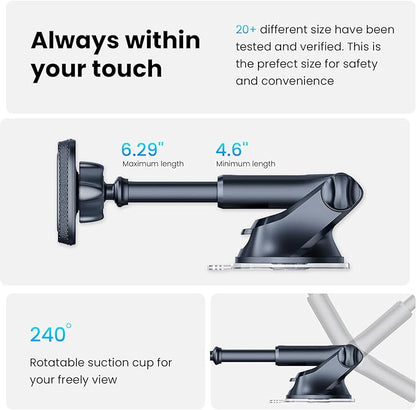 APPS2Car Magnetic Phone Mount for Car, Dashboard & Windshield Suction Cup Holder with Telescopic Arm, Requires Metal Plate (Included), Universal Fit for iPhone & Android Smartphones