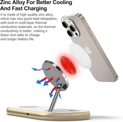 Magnetic Charging Station, 3 in 1 Faster Mag-Safe Wireless Charger Stand, Wireless Charging Pad for Apple Devices, iPhone 17/16/15/14/13/12 Series, iWatch Series, AirPods (Golden)