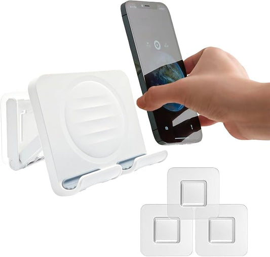 Upgraded Shower Phone Holder with 3pcs Adhesive Sticker | Adjustable Wall Mount Cell Phone Stand Compatible with iPhone or Other Smartphones | Phone Stand for Bed Kitchen Bathroom (White)