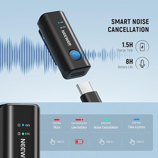 NEEWER KM23Max Wireless Lavalier Microphone 48KHz/24Bit 328ft Range 8H Battery Noise Cancelling Omnidirectional Mini USB C Mic Compatible with DJI Insta360 iPhone Android Phone PC (1x RX + 2X TX)