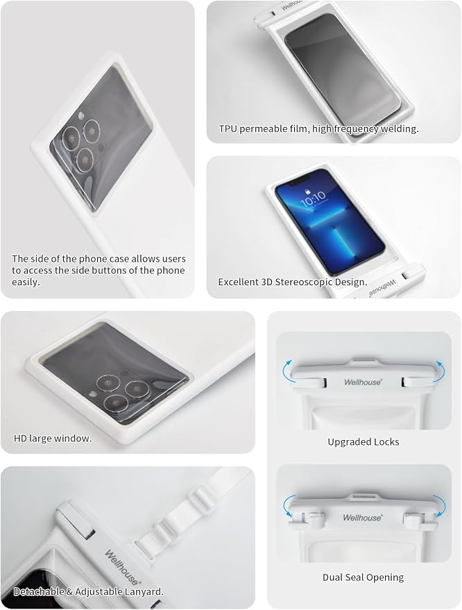 wellhouse Waterproof Phone Pouch, Waterproof Phone Case for iPhone 17 16 15 14 13 Pro Max XS Samsung, IPX8 3D Cellphone Dry Bag Beach Essentials (1 Pack - White8.0, 8 inch)
