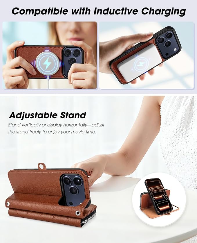 OCASE for iPhone 17 Pro Max Crossbody Detachable Wallet Case, PU Leather Handbag Phone Purse with Zipper Closure, Card Slots & RFID Blocking, Wrist Strap, Lanyard, Kickstand, Diamond Check Brown
