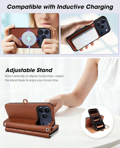 OCASE for iPhone 17 Pro Max Crossbody Detachable Wallet Case, PU Leather Handbag Phone Purse with Zipper Closure, Card Slots & RFID Blocking, Wrist Strap, Lanyard, Kickstand, Diamond Check Brown