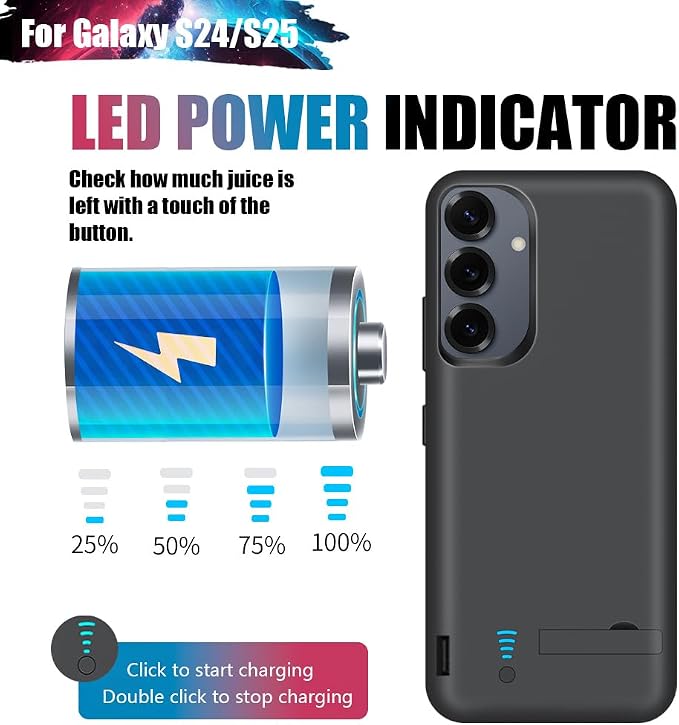 Sitong Battery Case for Samsung Galaxy S25 / S24, 5000mAh Rechargeable Extended Battery Charging Charger Case, Add 100% Extra Juice, Not Compatible with S25+ or S25 Ultra (6.2 Inches) Black