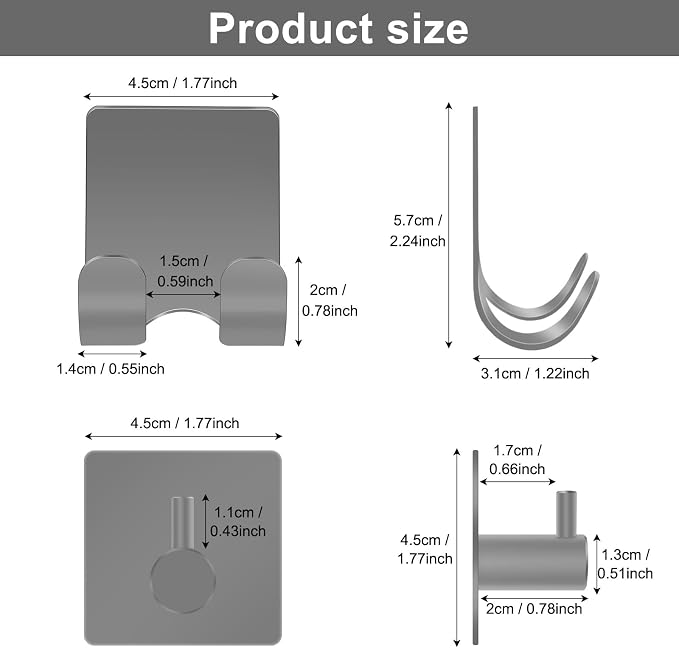 CGBE 4 Pack Shower Hooks - Self Adhesive Shaver Holder Hanger for Bathroom, Damage Free Wall Hooks for Razor, Loofah Sponge - Grey