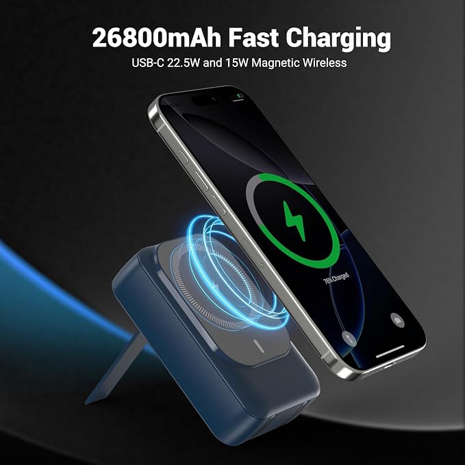 Magnetic Wireless Power Bank 26800mAh, PD 22.5W Type-C Fast Charging Portable Charger 5 Outputs, Battery Pack for Magsafe Built in 2 Cables with Stand LED Display for iPhone 17/16/15/14/13/12-Blue