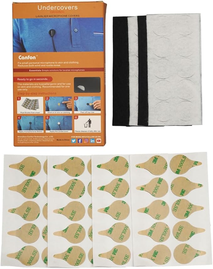 Sticky Circles, No-Residue Mini Windshield Undercovers for Hiding Lavalier Lapel Microphones On Clothes to Reduce Wind Noise, Pack of 40 Sticker, 20 Fabric Circle of Each Black and White