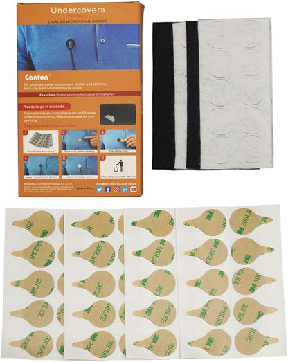 Sticky Circles, No-Residue Mini Windshield Undercovers for Hiding Lavalier Lapel Microphones On Clothes to Reduce Wind Noise, Pack of 40 Sticker, 20 Fabric Circle of Each Black and White