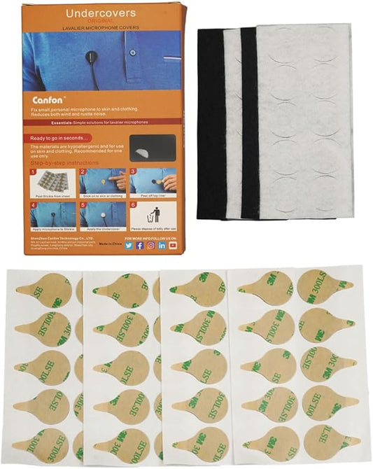 Sticky Circles, No-Residue Mini Windshield Undercovers for Hiding Lavalier Lapel Microphones On Clothes to Reduce Wind Noise, Pack of 40 Sticker, 20 Fabric Circle of Each Black and White