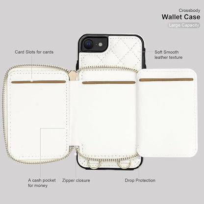 Bocasal Crossbody Wallet Case for iPhone SE 2022/SE 2020/8/7, RFID Blocking PU Leather Zipper Handbag Purse Flip Cover, Kickstand Folio Case with Card Slots Holder Wrist Strap Lanyard 4.7 Inch (White)