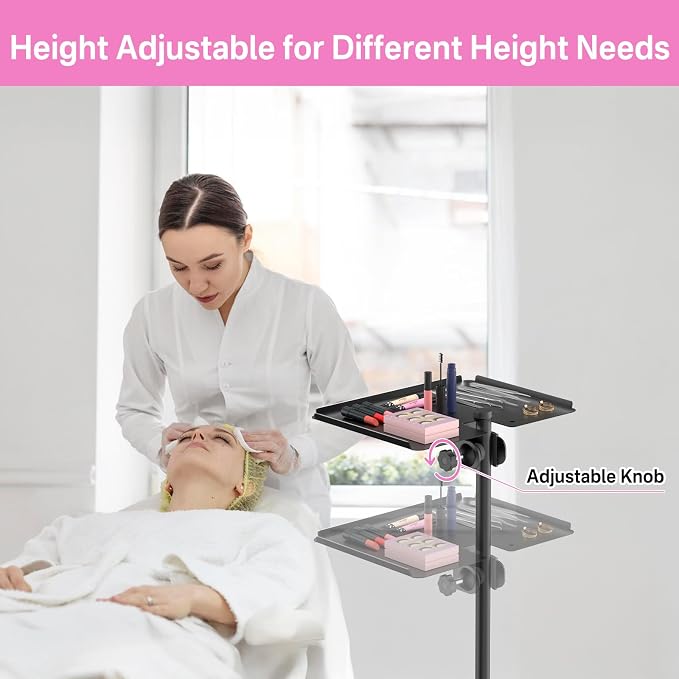 Adjustable Metal Lash Tray Holder for Ring Light & Lash Techs - Clip-On Organizer Tray with Phone Holder, Mirror Hook & Height Control for Eyelash Extensions Supplies (Salon/Home Use)