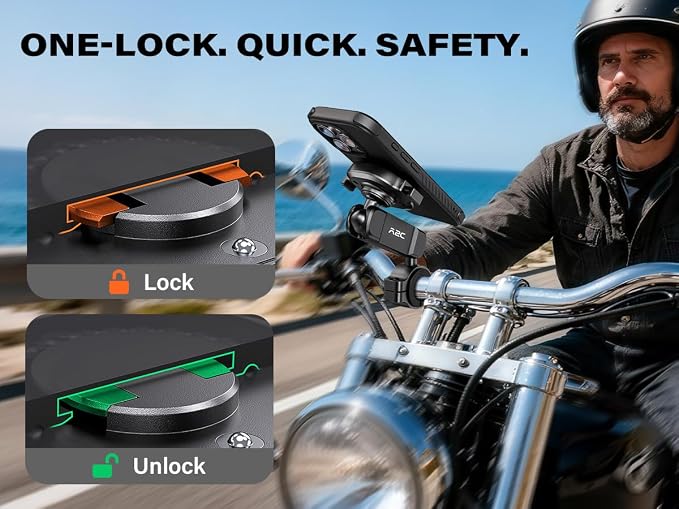 A2C One Lock System Motorcycle MagSafe Phone Mount with Phone Case, 1S Lock & Release Motorcycle Handlebar Phone Holder for iPhone 15 Pro Only