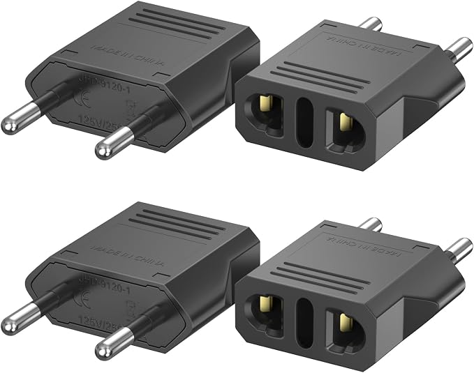 US to European Plug Adapter 4-Pack, Power Converter & Compact Universal Travel Converter for EU/FR/IT/BR/CN, Safe Travel Essentials (Black)