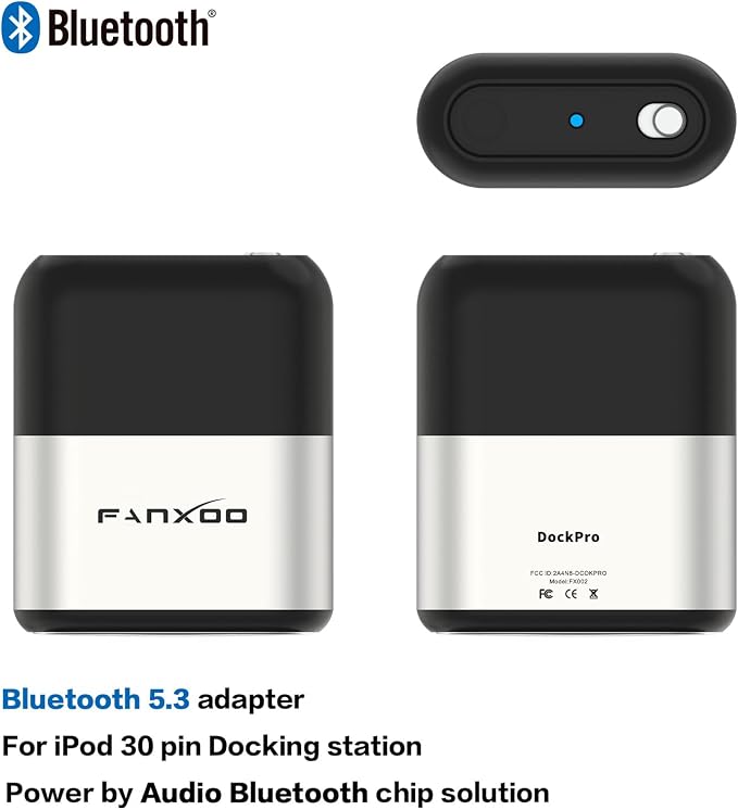 Fanxoo DockPro Bluetooth Adapter for Bose Sounddock iPod Docking 30 pin Bluetooth 5.3 Adapter Compatible for iPhone iPod Docking Station (Silver Black)