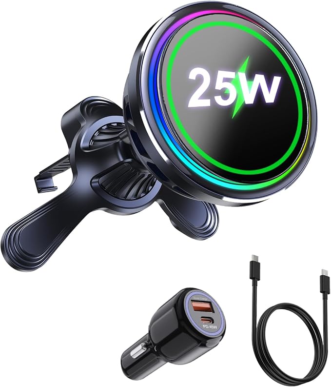 Koolehaoda Qi2.2 25W Car Mount Charger for MagSafe with TEC Active Cooling, Magnetic Wireless Charger Vent Phone Mount with 65W Car Adapter,Stable Fast Charger for iPhone 17-12 Series/Galaxy S26/S25
