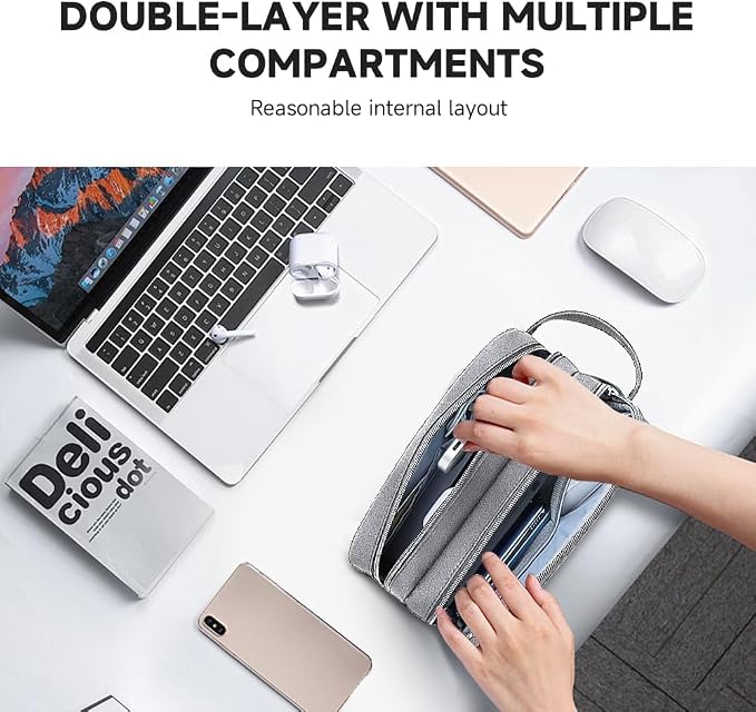 Teskyer Double Layer Cable Organizer Bag, Travel Tech Pouch, Light Grey | Elastic Bands Organization, Water Resistant Fabric, Multiple Compartments, Padded Protection, Travel and Office Use