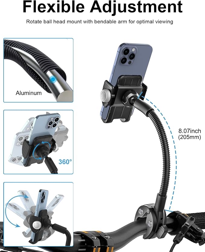 Gooseneck Phone Holder for Wheelchair, Stroller, Golf Cart, Boat, Mic Stand, Indoor Cycling Bike, Gym Bicycle Handlebar Clamp for iPhone Air 17 Pro Max 16 15 14 13 12 Plus, S25, 4.7 to 7" Smartphones
