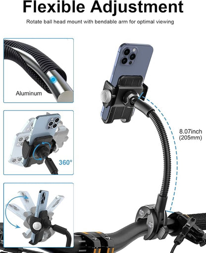 Gooseneck Phone Holder for Wheelchair, Stroller, Golf Cart, Boat, Mic Stand, Indoor Cycling Bike, Gym Bicycle Handlebar Clamp for iPhone Air 17 Pro Max 16 15 14 13 12 Plus, S25, 4.7 to 7" Smartphones