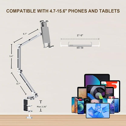 Tablet Stand Holder for Desk Aluminum Alloy Ipad Desk Mount Monitor with 360°Rotate Base, Adjustable&Foldable Tablet Arm for 4.7"-15.6" Screen Phone,Kindle,Fire HD,Monitor (Sliver)