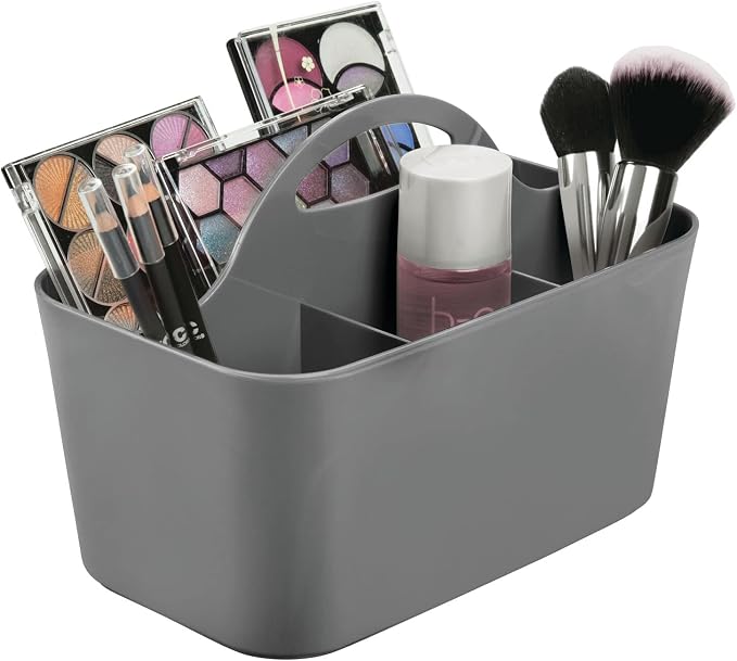 mDesign Small Plastic Shower/Bath Storage Organizer Caddy Tote with Handle for Dorm, Shelf, Cabinet - Hold Soap, Shampoo, Conditioner, Combs, Brushes, Lumiere Collection, Dark Gray (Pack of 2)