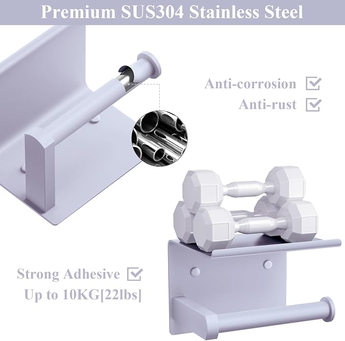 Tindbea Toilet Paper Holder with Shelf Adhesive or Screw Wall Mounted Toilet Paper Roll Dispenser Storage, Stainless Steel Bathroom Shelf Holder Accessories (Lavender Purple)