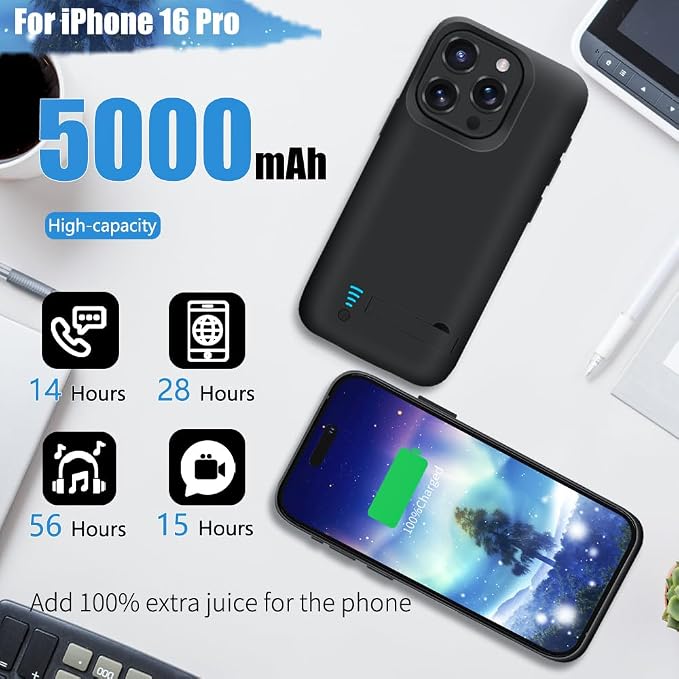 Sitong Battery Case for iPhone 16 Pro, 5000mAh Rechargeable Extended Battery Charging/Charger Case, Add 100% Extra Juice (6.3 Inches) Black