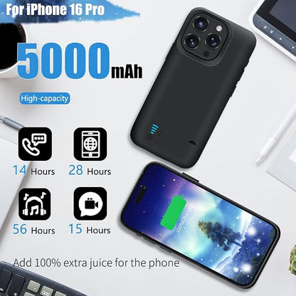 Sitong Battery Case for iPhone 16 Pro, 5000mAh Rechargeable Extended Battery Charging/Charger Case, Add 100% Extra Juice (6.3 Inches) Black