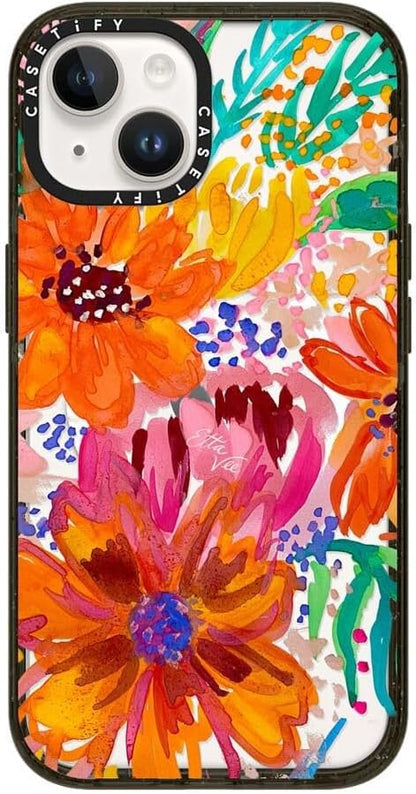 CASETiFY Impact iPhone 14 Case [4X Military Grade Drop Tested / 8.2ft Drop Protection/Compatible with Magsafe] - EttaVee Watercolor Fleurs - Clear Black