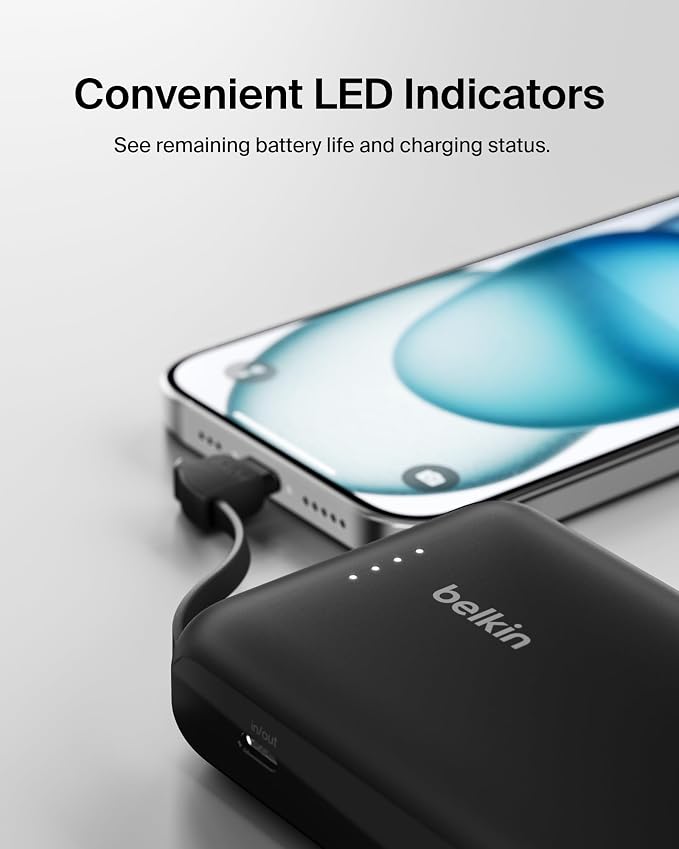 Belkin Portable Charger Power Bank USB C, 10000 mAh w/Integrated Cable, 20W Fast Charge USB-C Power Delivery, iPhone Charger, Apple iPhone 17, Air, Pro, Pro Max, iPad, Samsung Galaxy S25 - Black