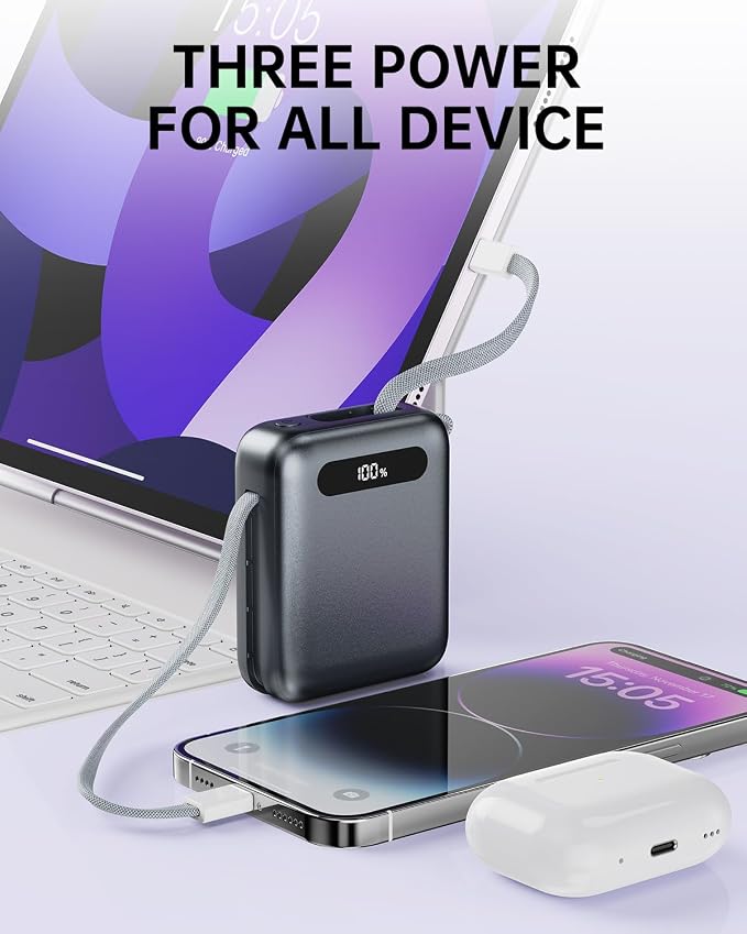 Portable Charger, Ultra Mini 10000mAh Portable Charger Power Bank with Built-in Cables, 35W Fast Charging Battery Pack, Travel Essential Compatible with iPhone 17 16 15 Samsung S22 S21 Google iPad etc