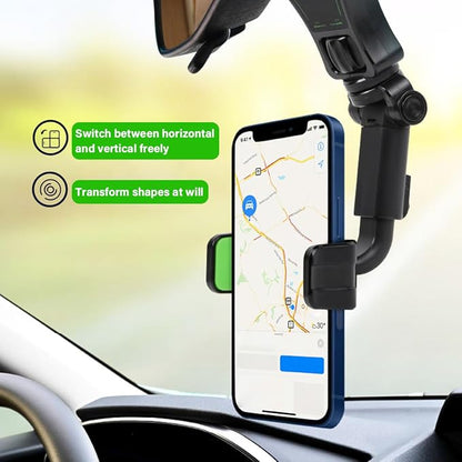 BESULEN Car Rear View Mirror Phone Holder, 360° Rotating Rearview Mirror Phone Mount, ABS Multi-Functional Adjustable Cellphone Holder, Universal Car Phone Holder for All Smartphones (Black/Green)