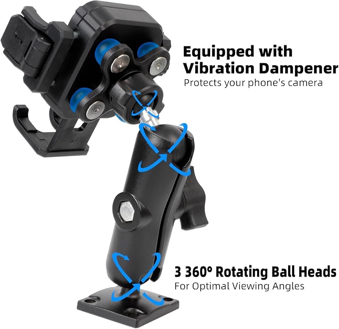 Universal Phone Mount Holder for Car, Truck, Boat - Vibration Dampener, Aluminum AMPS Square Base, Medium Arm, 1s Quick Lock/Release, Camera Friendly, Fits 4.7-7.2" Smartphones