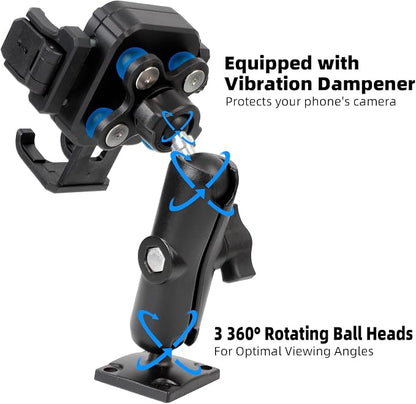 Universal Phone Mount Holder for Car, Truck, Boat - Vibration Dampener, Aluminum AMPS Square Base, Medium Arm, 1s Quick Lock/Release, Camera Friendly, Fits 4.7-7.2" Smartphones