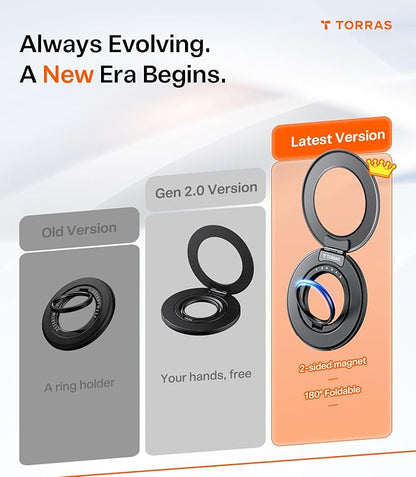 TORRAS 2025 Flagship Magnetic Phone Grip Ring Holder Kickstand [2-Sided Magnetic] [360 Rotation] Fit for MagSafe Accessories for iPhone 17 16 15 14 13 12 11 Samsung, Google, Black