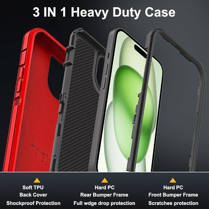 for iPhone 15 Plus Case with 2Pcs Tempered Glass Screen Protector and 1Pcs Camera Lens Protector, Military Grade 3 in 1 Heavy Duty Shockproof/Drop Proof/Dust Proof Case (Red/Black)