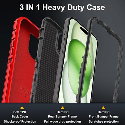 for iPhone 15 Plus Case with 2Pcs Tempered Glass Screen Protector and 1Pcs Camera Lens Protector, Military Grade 3 in 1 Heavy Duty Shockproof/Drop Proof/Dust Proof Case (Red/Black)