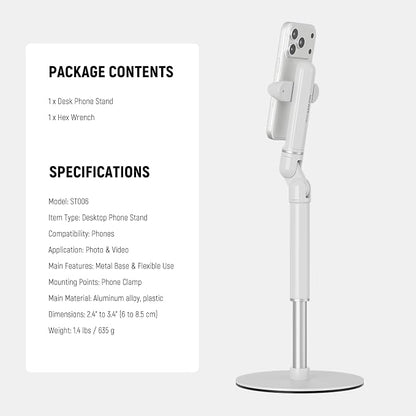NEEWER Basics Cell Phone Stand for Desk, Adjustable Office Bed Table Phone Mount Holder Clamp with Weighted Metal Base, Compatible with iPhone Video Recording, ST006 White